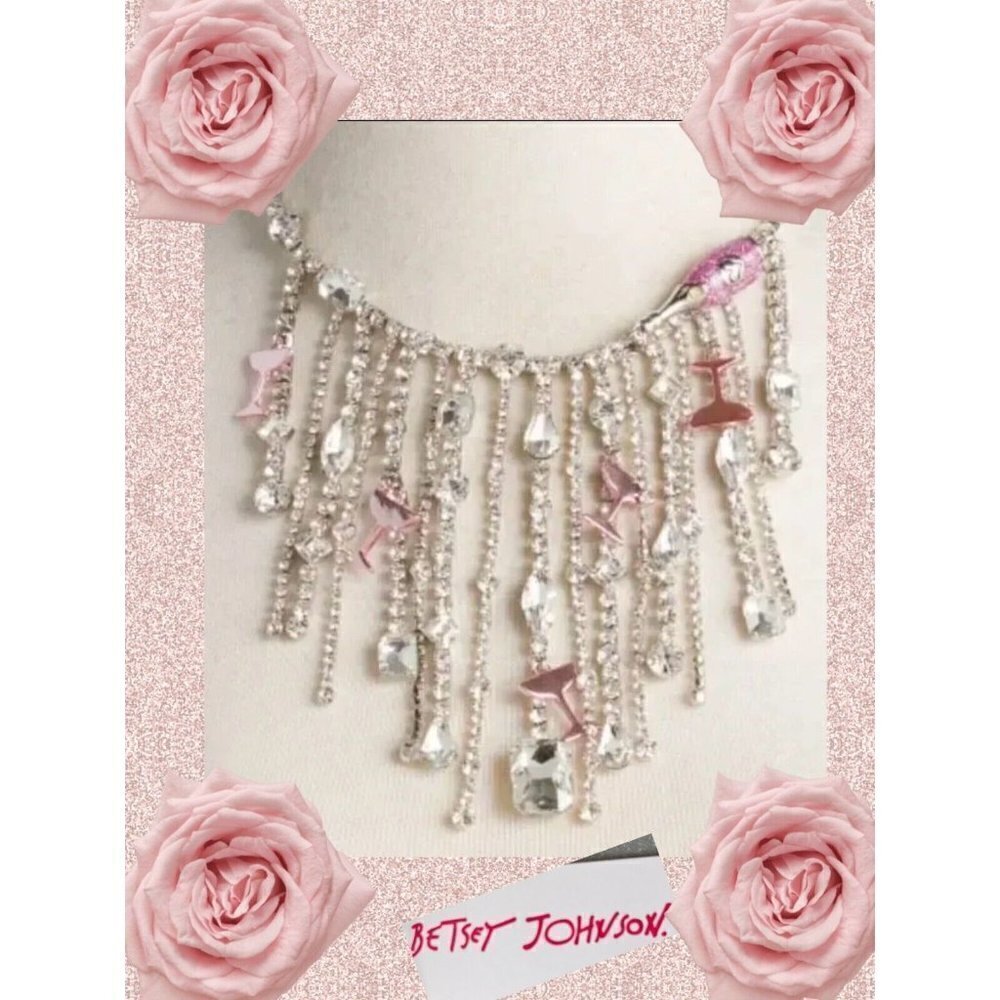 Betsey Johnson Statement Crystal Motif Pink Champagne Waterfall Fringe Necklace